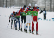 Odd-Bjrn Hjelmeset of Norway leads a group of competitors during the men's relay final.
