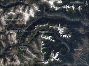 Landsat 7 image of the Italian Alps with some of the venues marked.